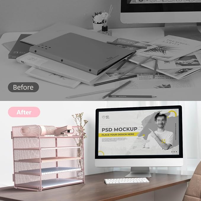 Sinboun Letter Tray Paper Organizer 5-Tier Desk Organizer File Organizer Paper Holder with Handle, Metal Desktop Document Shelf Tray Office Classroom Organization - Pink, PK5CENGTISHOU - Image 3