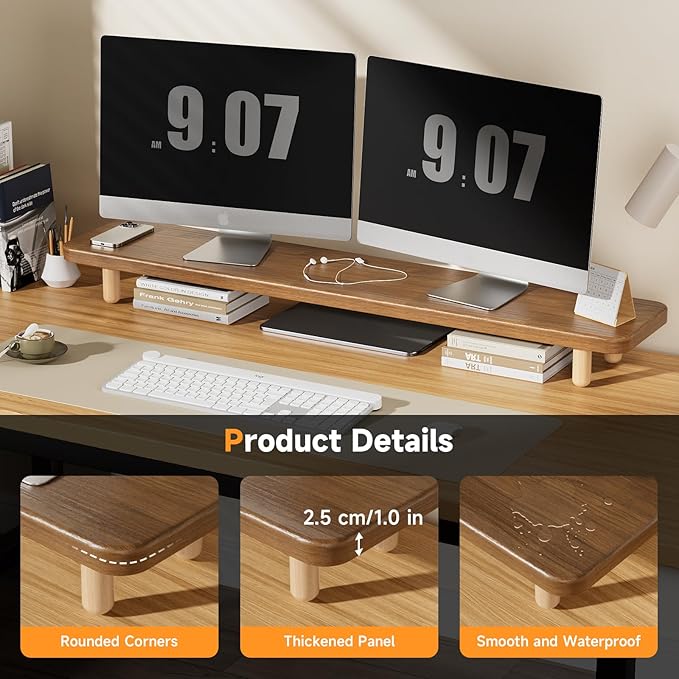 Dual Monitor Stand Riser, 39 Inch Extra Long Wooden Desktop Monitor Riser with Storage for 2 Monitors Ultra Strong Desk Shelf Organizer Riser Ergonomic for 2 Screens/Laptop/PC/TV/Printer (Walut brown, 39inches) - Image 3