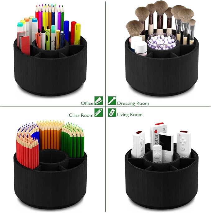 Bamboo Rotating Pencil Holder for Desk, Desk Organizer with 7 Compartments | Office Supplies Desktop Storage Caddy for Colored Pencils, Markers, Crayon, Comestics and Cutlery(Black ) - Image 4