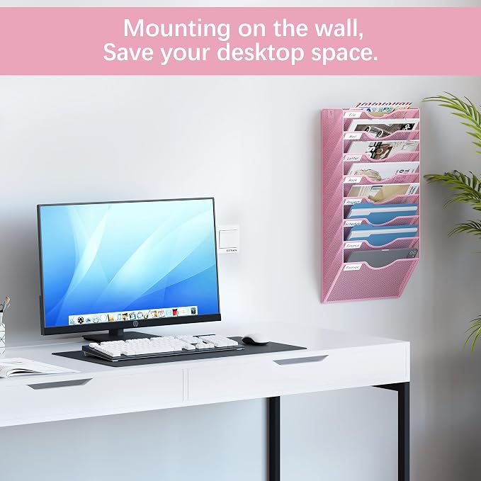EasyPAG 8 Pocket Mesh Wall File Organizer, Hanging Paper Folder Holder with Classify Label, Vertical Wall Mount Mail Organizer for Office Home Classroom, Pink - Image 2