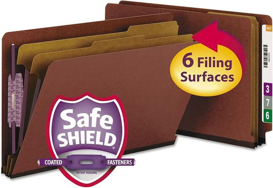 Smead 100% Recycled End Tab Pressboard Classification File Folder with SafeSHIELD Fasteners, 2 Dividers, 2" Expansion, Legal Size, Red, 10 per Box (29860) by SMEAD