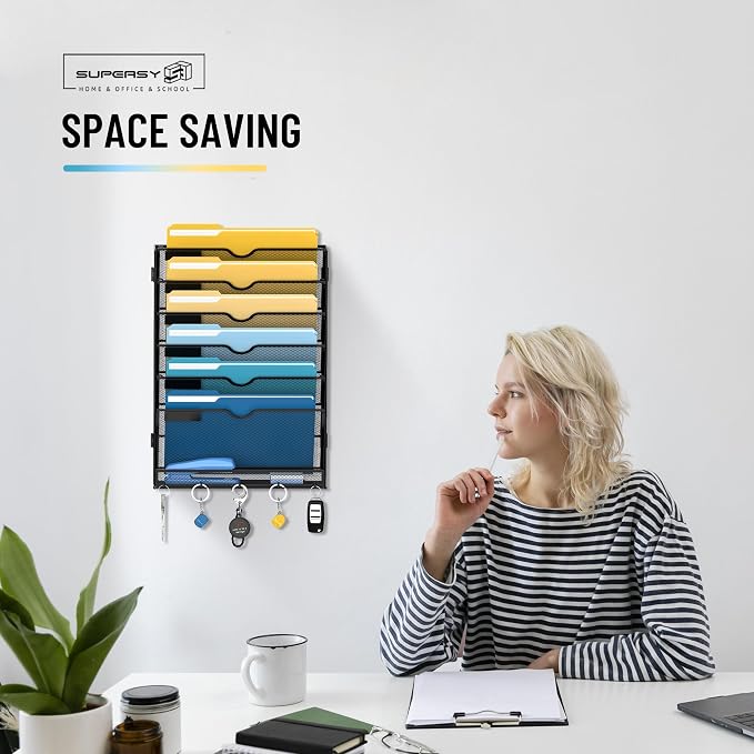 7-Tier Hanging Wall File Organizer with Hooks for Office Organization | Mesh Wall File Holder, Mail Organizer Wall Mounted for Papers, Documents, Folders and Magazines in Home Office, Classroom - Image 3