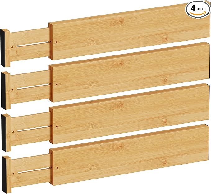 BAMEOS Bamboo Expandable Drawer Dividers – Fits 16.65"–22" Drawers, 4" Extra Deep Walls, Set of 4 | Maximum-Height Spring-Loaded Organizer for Deep Kitchen, Bathroom & Dresser Drawers by BAMEOS