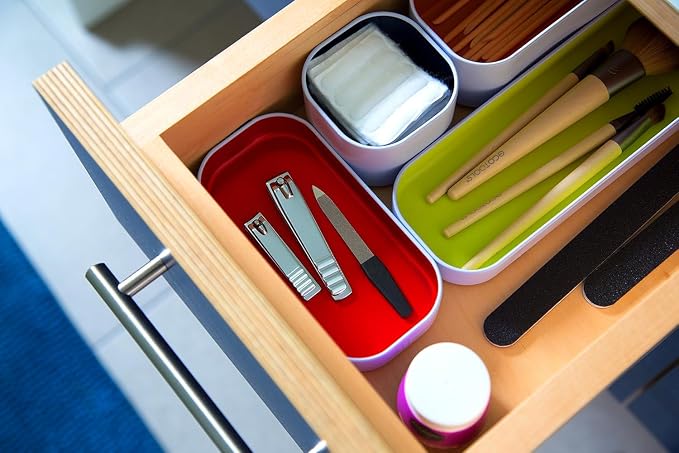 Three by Three Seattle Metal Drawer Organizer Tray Set, 5-Pc, 1" (Assorted) | Colorful 1" metal bins; food-safe; soft non-scratch base; kitchen, bathroom, vanity, desk & office drawers - Image 3