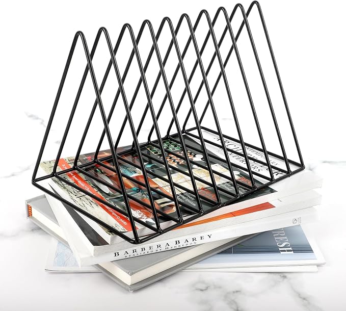 Vinyl Record Holder Storage, 9 Slot Metal Magazine Book Album Display Rack, Stylish Triangle Desktop File Sorter Organizer for Home Office, Black Pack of 3 - Image 5