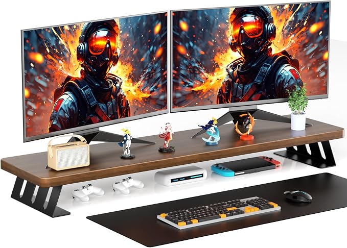 Dual Monitor Stand, 39 Inch Large Wood Monitor Stands for 2 Monitors by NestNeatHome