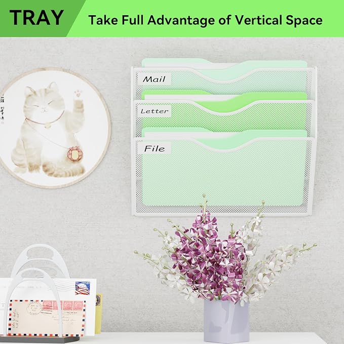 3 Pockets Hanging Wall File Organizer Mail Holder, Wall Mounted Paper Document Folder Holder, Clipboard Storage Organization Magazine Rack, White - Image 7