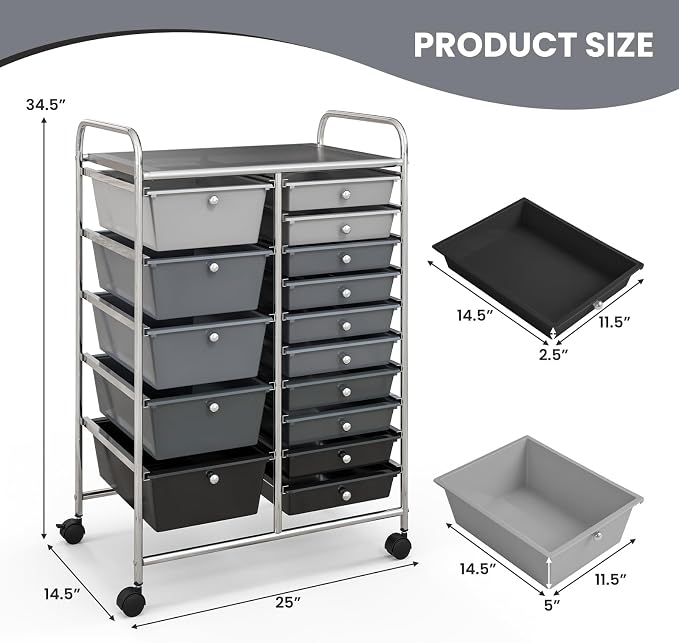 GOFLAME 15-Drawer Rolling Storage Cart, Craft Storage Cart with Removable Drawers & Lockable Wheels, Art Cart Supply Storage Organizer for Home Office Classroom, Gray Gradient - Image 3