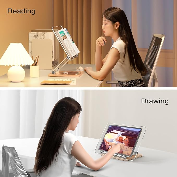 Acrylic Book Stand with Storage Base, Dual Aluminum Arm Reading Holder | Non-Slip Silicone Clips, Hands-Free Reading, Holds Pens & Notes, for Cookbook, Recipe & Textbook - Image 2
