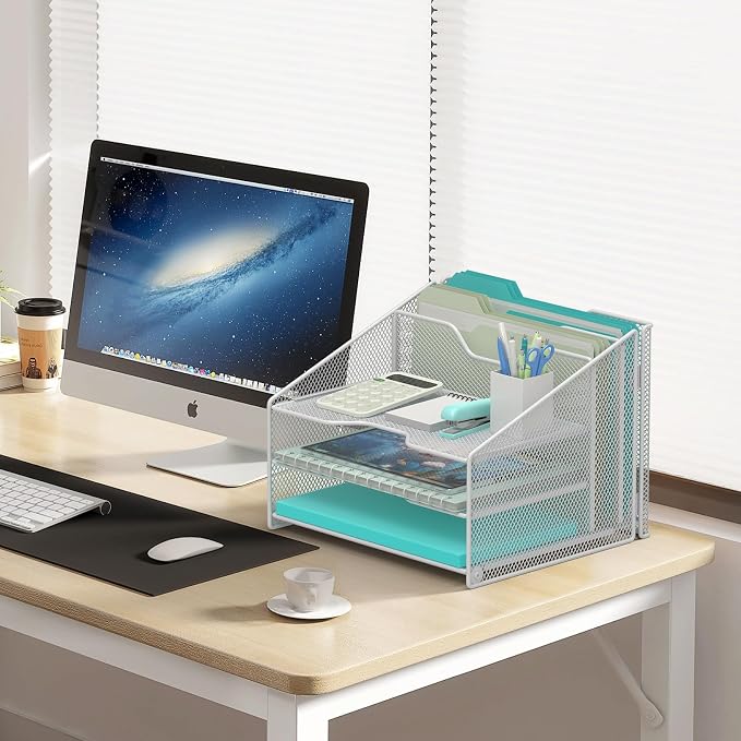 Samstar White Desk File Organizer, Mesh Letter File Folder Holder with 3 Paper Trays and 2 Vertical Upright Section, for Office Supplies, Desk Accessories & Workspace, White - Image 5