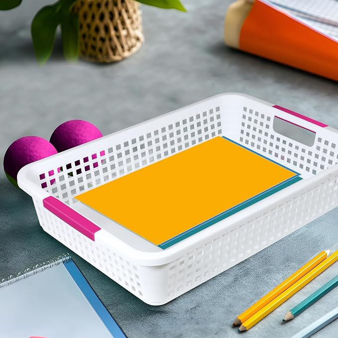 8 Pack Classroom Storage Baskets 15''x10''x3'' Large Plastic Classroom Paper Trays with Handle Letter Size A4 Paper Toy Basket Turn in Trays for Library, Office Desk Drawer Organizing (8, White) - Image 4