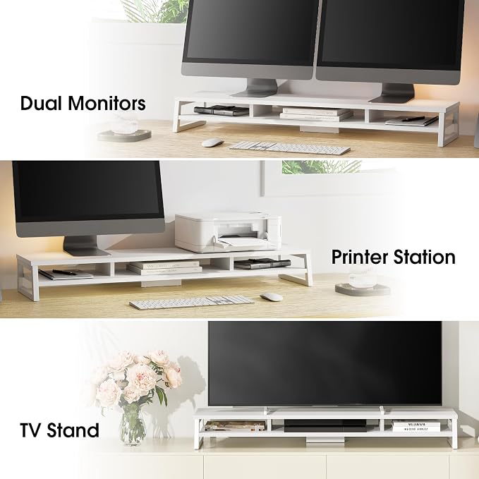 Fenge Dual Monitor Riser for Desk, Open Shelf with 3 Storage Compartments | 42.5in Computer Monitor Stand, 2-Tier Desk Shelf for Top of Desk,One-Piece Panel, fit Ultrawide Monitor, PC, Laptop, White - Image 9