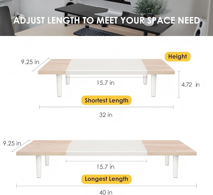 Across-Star Dual-Monitor-Stand-Riser-For-Desk Adjustable Length 32-40 Inch，Large Desktop Computer Monitor Riser For 2 Screens，Desk Shelf Organizer Riser Stand For Computer/Laptop/PC/Printer/TV Black - Image 3