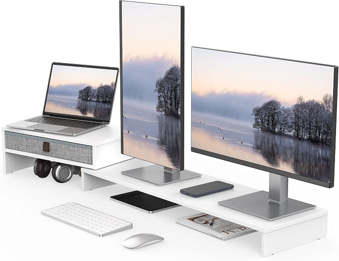 Fenge Triple Monitor Stand with Srorage Drawer, Adjustable Length and Angle | Computer Monitor Riser for 2 or 3 Monitors, Wooden Desktop Laptop Stand, Office Organizer for PC, Screen, Tablet, White by Fenge