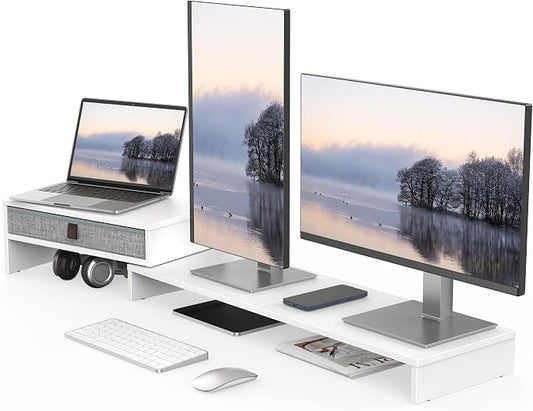 Fenge Triple Monitor Stand with Srorage Drawer, Adjustable Length and Angle | Computer Monitor Riser for 2 or 3 Monitors, Wooden Desktop Laptop Stand, Office Organizer for PC, Screen, Tablet, White by Fenge
