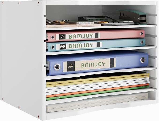 Bamjoy Bamboo 5 Tier Desktop Organizer, Paper Organizer Mail Sorter, File Holder Letter Document Storage with Adjustable Shelves for School Home Office, White by Bamjoy