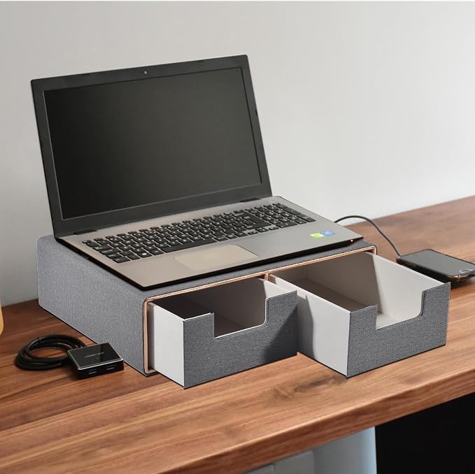 Pu Leather Stackable Desk Drawer Organizer,2-Drawers Desk Caddy for Office Bathroom Bedside Table Dressing Table,Grey - Image 5