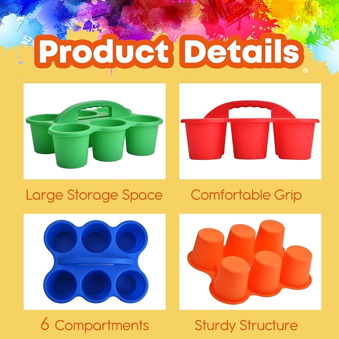 ALINK 6 Pack Classroom Caddy Storage Basket with Handle, Plastic Drink Cup Caddy Holder, 6 Compartments for Kids, Table, Office, Arts, Crafts, Crayon, Marker, Pencil, School Supplies - Assorted Colors - Image 3