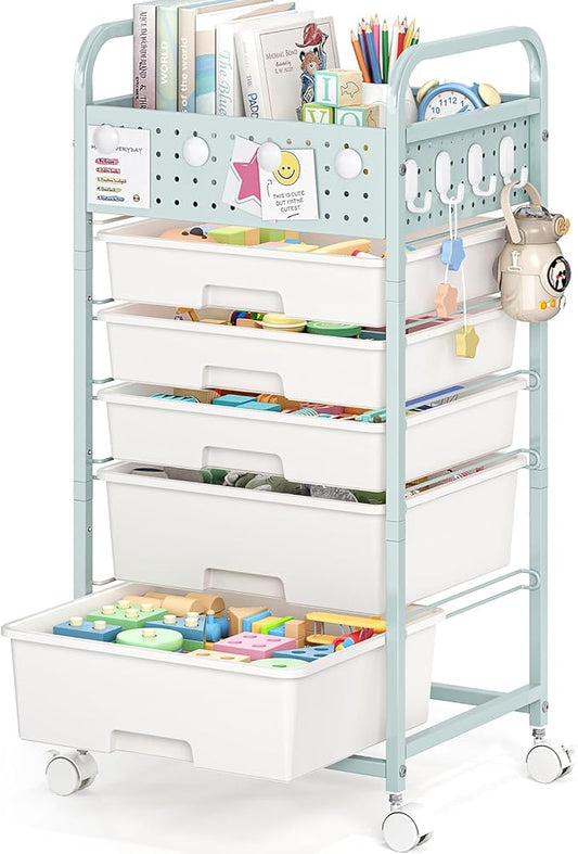 5 Drawer Rolling Storage Cart with Pegboard Top and Hooks, Green | Mobile Utility Organizer with Wheels for Office Supplies, Craft Storage, Classroom Organization, Home Storage Cart by SYKIARIOL