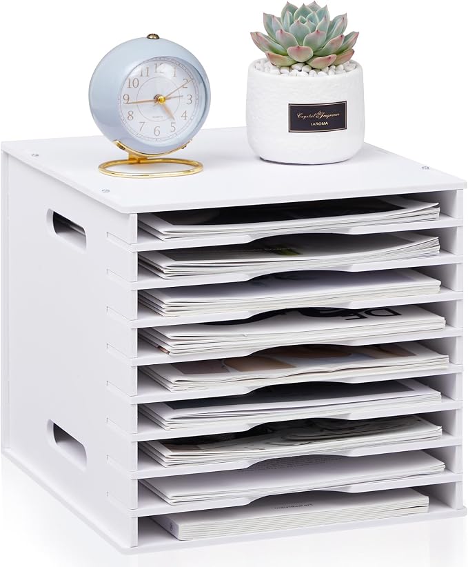 9 Tier 8.5" x 11" Scrapbook Paper Organizer, White Cardstock File Organizer with Adjustable Shelves, Stackable Paper Trays, Desktop Storage Rack Document Holder for Desk Home Office by Juexica