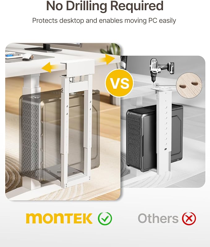 monTEK Clamp-On Under Desk PC Mount, 16.1-25.6", 66 lbs, White | No-drill CPU holder, ventilated steel frame, adjustable fit and clamp-on installation for standing desks and home offices - Image 3