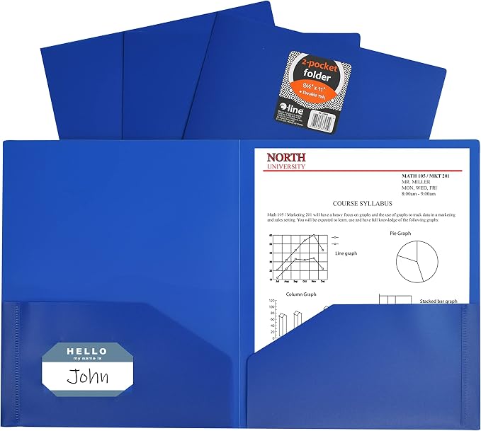 C-Line Two-Pocket Heavyweight Poly Portfolio, For Letter Size Papers, Includes Business Card Slot, 1 Case of 25 Portfolios, Blue (33955-25) by C-Line