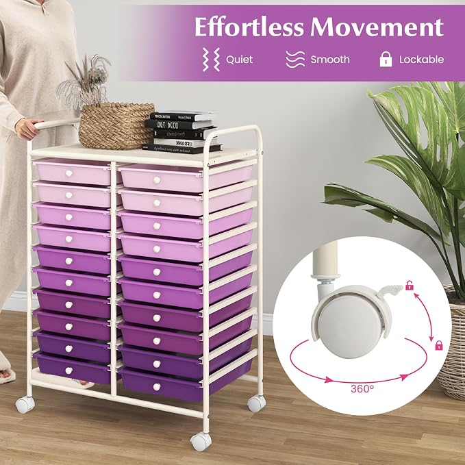 GOFLAME 20-Drawer Rolling Storage Cart, Multifunctional Art Craft Organizer Cart, Mobile Utility Storage Cart with Removable Drawers & Lockable Wheels, Craft Cart for Home Office, Purple Gradient - Image 5