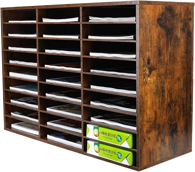 Wood Literature Organizer Mail Sorter Student Mailbox for Classroom Desktop Bill Paper Holder for Office Home School, 27 Compartments, Antique Brown by PAG