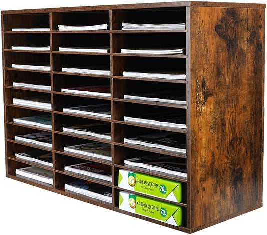 Wood Literature Organizer Mail Sorter Student Mailbox for Classroom Desktop Bill Paper Holder for Office Home School, 27 Compartments, Antique Brown by PAG