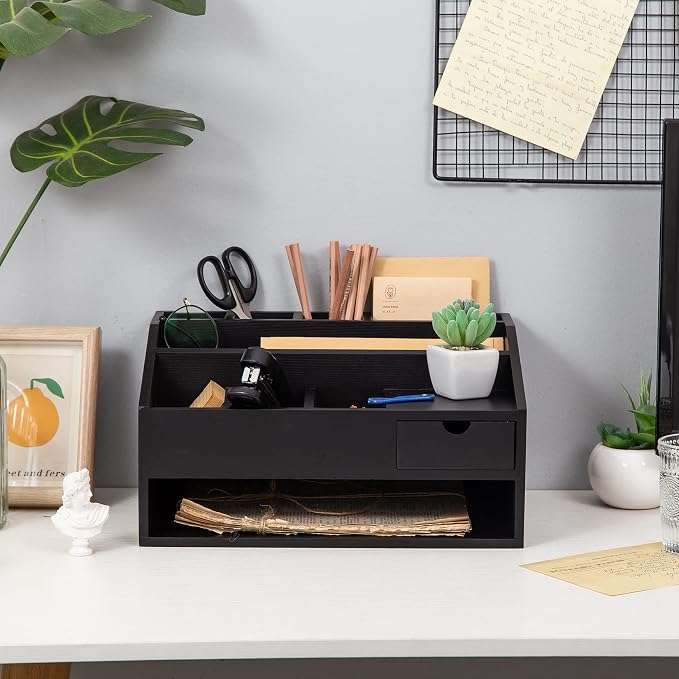 Wood Desk Drawer Organizers with File Organizer Pen holder Office Decor combo for Desk Organization Home can arrange office supplies such as calculators scissors pens note papers, etc. (black) - Image 4