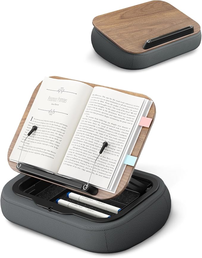 Viozon Lap Book Pillow Stand with Storage, Adjustable Beanbag Reading Pillow with Dark Wood Panel, Multi-Angle Book Holder for Hands-Free Reading in Bed or Sofa,Book Lover Essential, Soft Cushion by viozon
