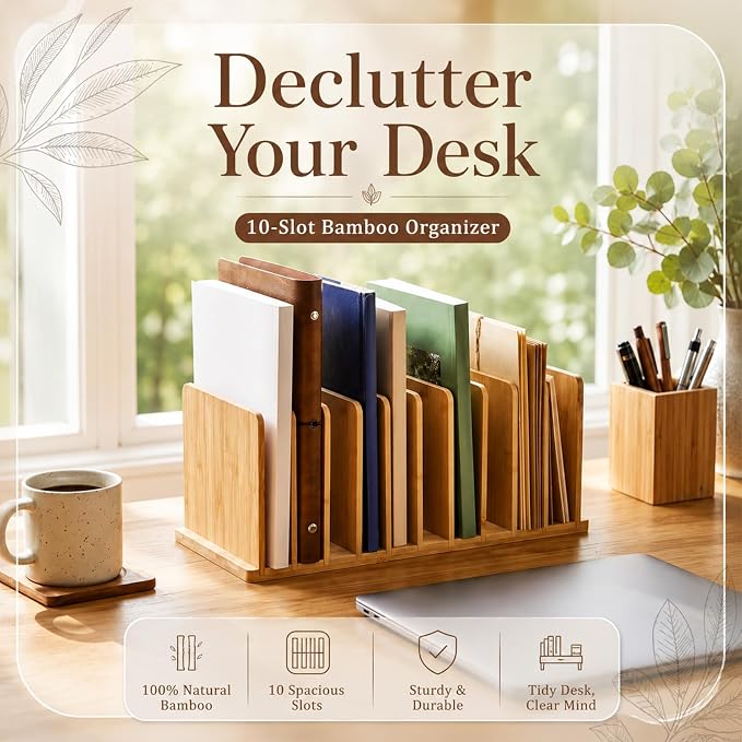 Suzile Bamboo File Mail Organizer for Desk, 10 Slot Vertical File Sorter,Letter Sorter, Desktop Mail Holder, Wooden Office Desk Organizer Countertop Paper Holders for Documents, Envelope - Image 5