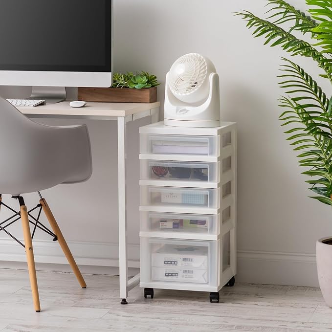 IRIS USA 5-Drawer Rolling Storage Cart with Organizer Top, White/Clear | Keep craft supplies, office essentials, classroom items, and accessories organized with easy-access drawers for daily use - Image 9