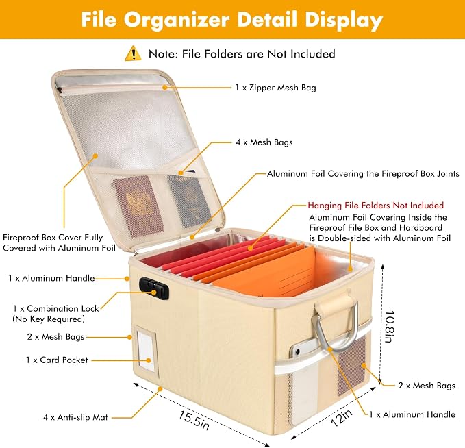 TOMKID 5200°F Fireproof Document Box, Fire Important Document Organizer with Lock, Upgraded Heat Insulated Filing Storage Cabinet Office Organization (5200°F Fireproof Box, Off-white) - Image 3