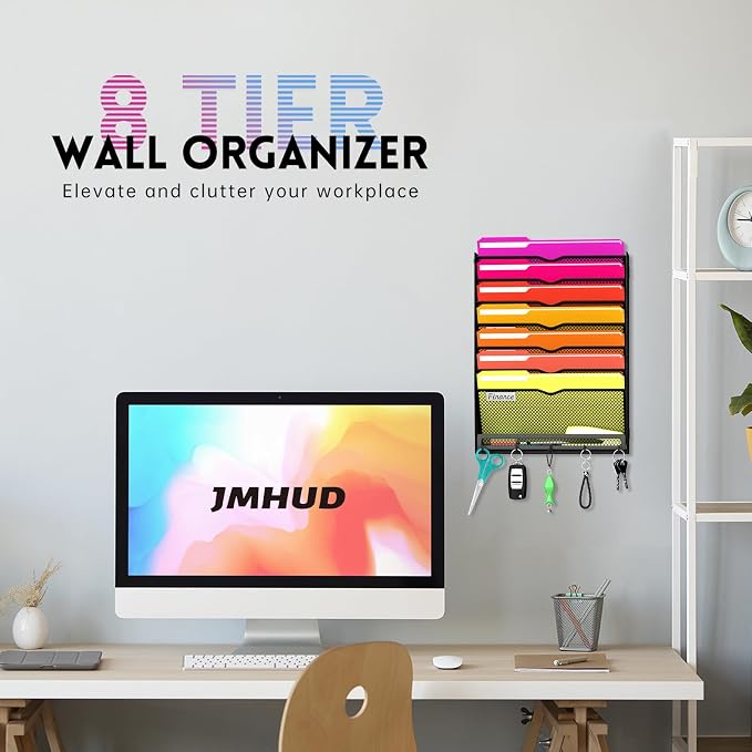 8-Tier Wall File Organizer with Base and Hooks, Hanging Organizer, Black | Wall Organizer and Wall File Holder with 8 Vertical Pockets and Bottom Tray for Files, Mail, Folders, Magazines and Paper - Image 2