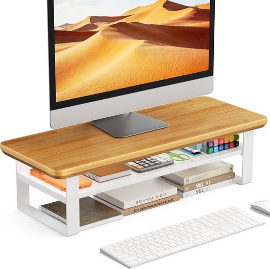 Monitor Stand Riser, 24 Inch Computer Monitor Stand for Desk, 2-Tier Wood Desk Shelf Organizer with Storage, Desktop Stand for Laptop/Screen/PC/Printer, Ergonomic Home Office Monitor Stand by NestNeatHome