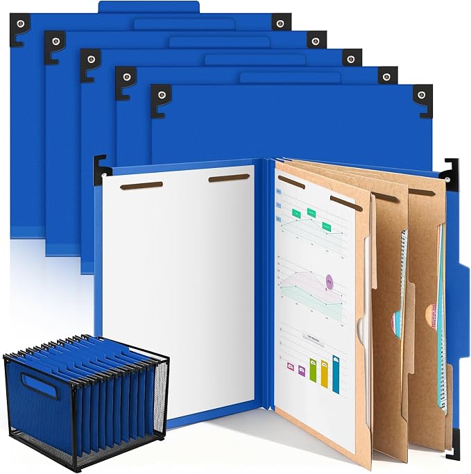 Henoyso 10 Pcs Hanging Classification Folders,3 Pocket Dividers,Dark Blue | Letter Size, Hanging File Folders with 3 Pockets, 4" Expansion, 8 Prong Fasteners, 1/3 Tab Cut, 8 Sections, Pressboard Manila by Henoyso