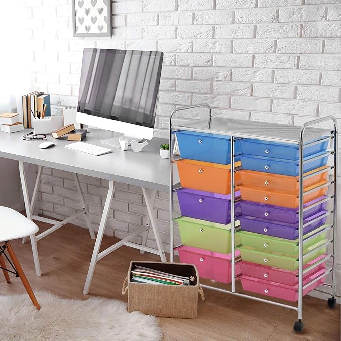 Moccha 15-Drawer Rolling Storage Cart - Under Desk Storage Drawers with wheels for Craft Art Supply Paper Salon, Scrapbook Paper Tools, Mobile Utility Cart for Classroom (15 Drawers, Rainbow) - Image 3