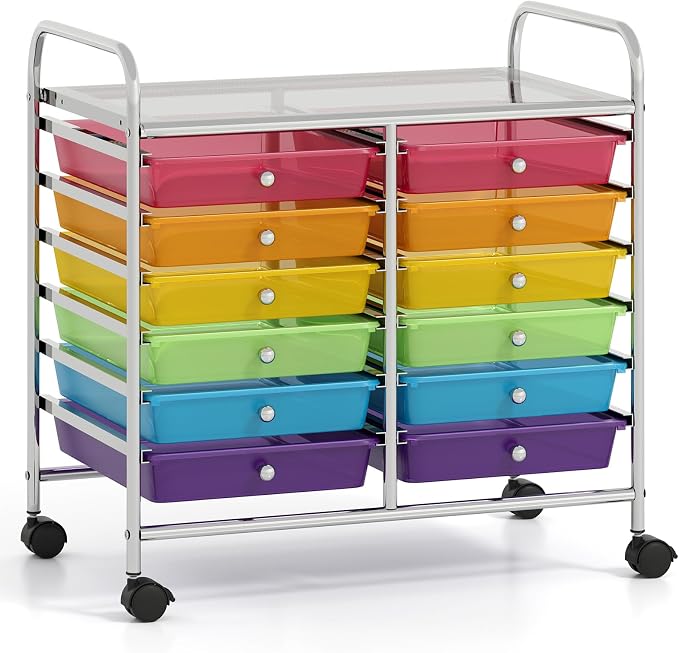 GOFLAME 12-Drawer Rolling Storage Cart, Multifunctional Art Craft Organizer Cart, Mobile Utility Storage Cart with Removable Drawers & Lockable Wheels, Craft Cart for Home Office School, Rainbow by GOFLAME