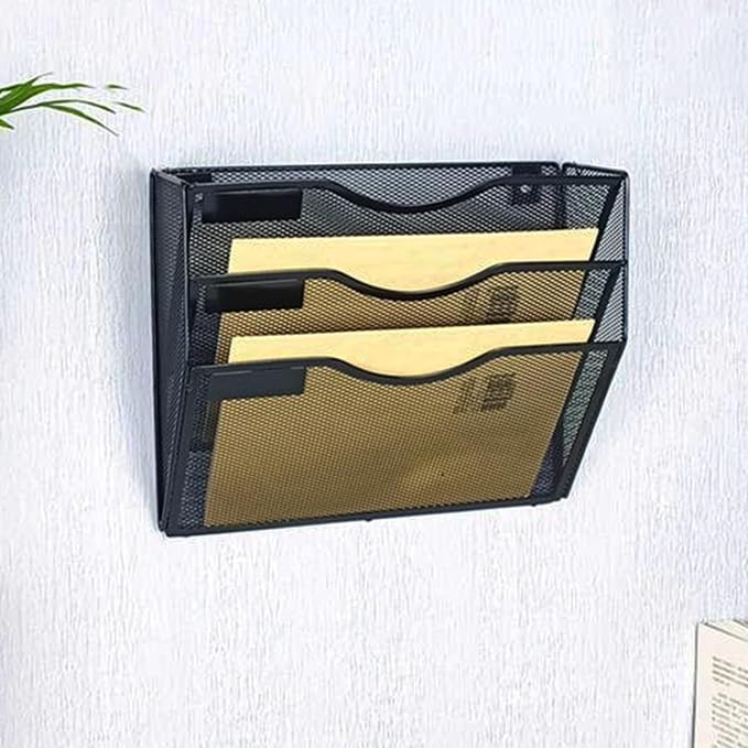 ASelected 3 Tier Wall File Holder Organiser,Paper Magazine Storage Rack Holde, Mesh Wall Mounted Holder Metal Hanging Wall Files Mail Document Holder for Office and home, Black - Image 4