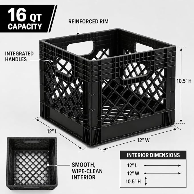 16-Quart Plastic Storage Crate with Handles, File Crate,Black(2 Pack) | Groups groceries, books, clothing, sports gear, and household supplies in a stackable 16-quart plastic crate. - Image 5