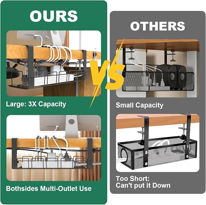 Cable Management Under Desk Tray No Drill, Table Cable Basket for Power Strips and Cables, No Screws Tidy Wire Organizer Clamp for Home, Office, Kitchen and Standing Desks, Black - Image 4