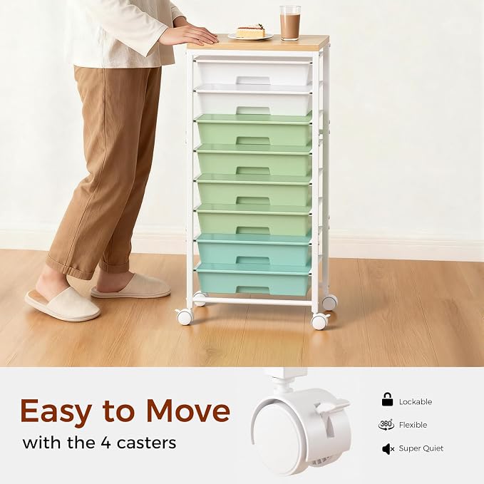 Rolling Cart with 8 Drawers, Plastic Drawer Storage Carts with Wheels & Wooden Tabletop, Metal Utility Cart Organizer for Bedroom Living Room Office Classroom Craft Organization and Storage, Green - Image 5