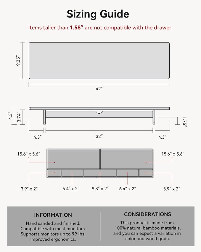 42" Dual Monitor Stand Riser with Large Drawer Keyboard Storage | Double Computer Monitor Riser Shelf for 55-72 Inch Desk Aesthetic Workplace Setup Desktop Organizer Bamboo - Image 5