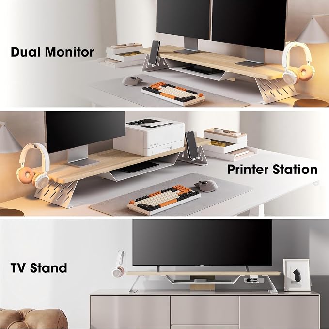 Fenge Dual Monitor Stand, Wooden Desk Shelf with Headphone & Phone Holder | 42.5" Monitor Riser with Storage Shelf, 2-Tier Monitor Shelf with Metal Leg for Home Office Organizer, Oak - Image 8