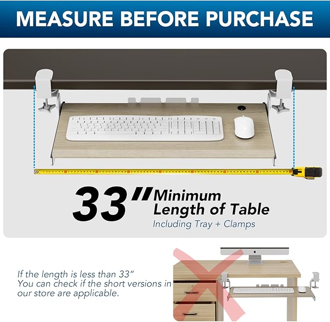 Keyboard Tray Under Desk Pull Out with Extra Sturdy C Clamp Mount System, 27.3 (32.5 inch Including Clamps) x 11 Inch Slide-Out Platform Computer Drawer for Typing Grain - Image 5