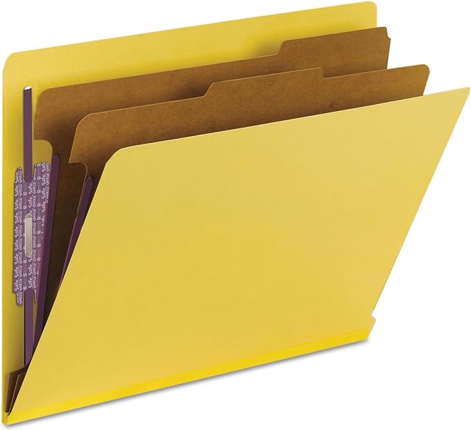Smead 100% Recycled End Tab Pressboard Classification File Folder with SafeSHIELD Fasteners, 2 Dividers, 2" Expansion, Letter Size, Yellow, 10 per Box (26789) - Image 9