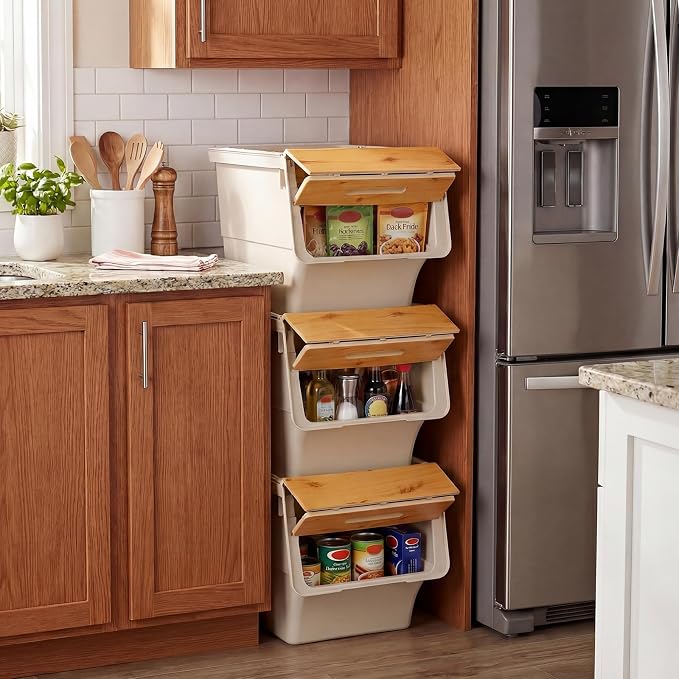 GIANTEX 3 Pack Plastic Stackable Storage Bins with Lids & Wheels, 35 QT | Open Front Stacking Bins, Organizer Bins for Pantry, Kitchen, Laundry, Closet, Playroom, Bedroom Organization - Image 9