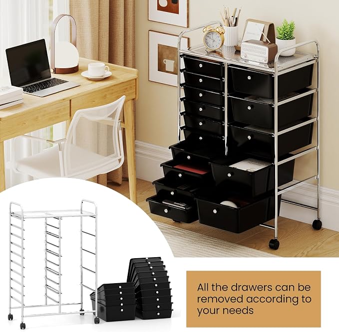 Giantex 15 Drawer Rolling Cart with Drawers, Storage Organizer Cart for Classroom Office School Teacher, Mobile Drawer Cart for Tools, Crafts, Small Printer, Black - Image 7