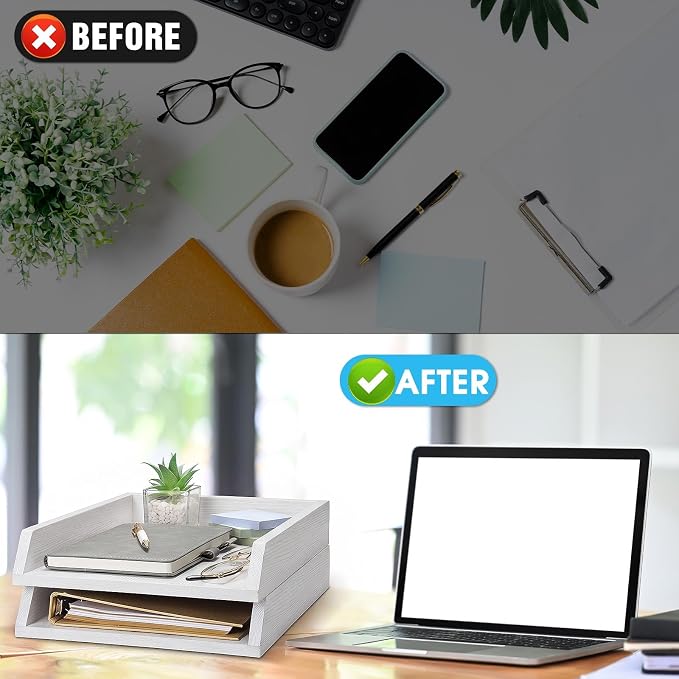 DoubleFill 2 Pcs Wooden Letter Trays 2 Tier Desktop Paper Organizer Wood Letter-Size Desk Document Tray Heavy Duty Stackable Paper Drawer Holder File Folder Back to School Office Home (White) - Image 5